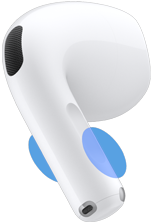 Extérieur d’un écouteur AirPod 5, cercles bleus indiquant où toucher la tige pour régler le volume