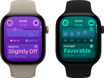 Deux Apple Watch Series 12 : boîtier en aluminium, or clair, Signes vitaux diurnes en écart léger, Digital Crown, Bracelet Sport sable, boîtier en aluminium, noir, Signes vitaux nocturnes favorables, Digital Crown, Bracelet Sport noir