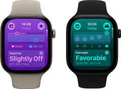 Deux Apple Watch Series 12 : boîtier en aluminium, or clair, Signes vitaux diurnes en écart léger, Digital Crown, Bracelet Sport sable, boîtier en aluminium, noir, Signes vitaux nocturnes favorables, Digital Crown, Bracelet Sport noir