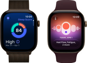 Apple Watch Series 12, boîtier en aluminium, bronze sombre, graphique circulaire du score de sommeil, Digital Crown, Bracelet Milanais, bronze sombre