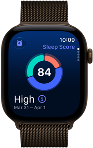 Apple Watch Series 12, boîtier en aluminium, bronze sombre, graphique circulaire du score de sommeil, Digital Crown, Bracelet Milanais, bronze sombre