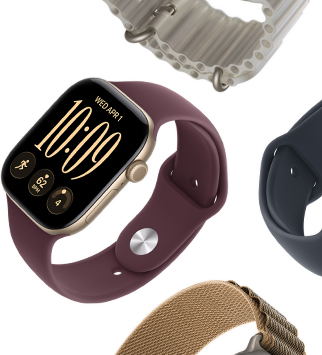 Bracelets Apple Watch Series 11 : Bracelet Sport brume violette, Bracelet Océan bleu maritime, Boucle Alpine bleu clair