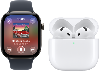 Apple Watch Series 12, boîtier en aluminium, noir, Bracelet Sport noir, app Apple Music ouverte, jumelée à des AirPods 4