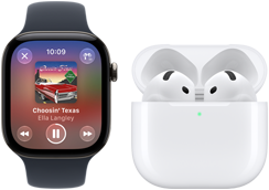 Apple Watch Series 12, boîtier en aluminium, noir, Bracelet Sport noir, app Apple Music ouverte, jumelée à des AirPods 4