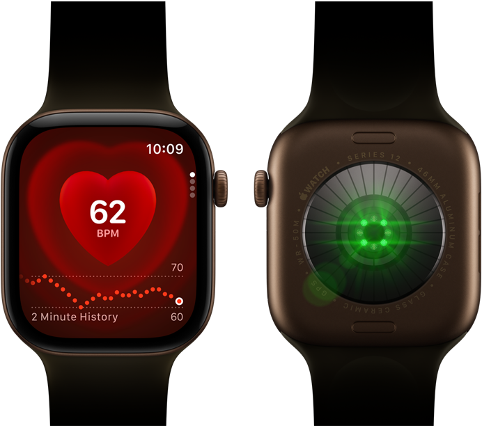 Deux Apple Watch Series 12, boîtier en aluminium, bronze sombre avec Bracelet Sport olive, l’une affichant l’app Fréquence cardiaque, l’autre montrant le Système de suivi de santé à l’arrière de la montre, avec des LED vertes lumineuses