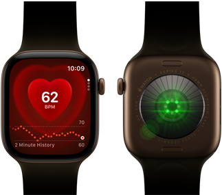 Deux Apple Watch Series 12, boîtier en aluminium, bronze sombre avec Bracelet Sport olive, l’une affichant l’app Fréquence cardiaque, l’autre montrant le Système de suivi de santé à l’arrière de la montre, avec des LED vertes lumineuses
