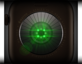 Dos d’une Apple Watch Series 12, boîtier en aluminium, bronze sombre, plusieurs capteurs ronds émettant des lueurs LED vertes, côté gauche, Digital Crown, Bracelet Sport, olive
