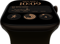 Apple Watch Series 12, boîtier en aluminium, bronze sombre, cadran Modulaire, complications : jour et date, Exercices, anneaux Activité, Apple Music, côté droit, Digital Crown, Bracelet Sport, olive