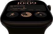 Apple Watch Series 12, boîtier en aluminium, bronze sombre, cadran Modulaire, complications : jour et date, Exercices, anneaux Activité, Apple Music, côté droit, Digital Crown, Bracelet Sport, olive