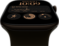 Apple Watch Series 12, boîtier en aluminium, bronze sombre, cadran Modulaire, complications : jour et date, Exercices, anneaux Activité, Apple Music, côté droit, Digital Crown, Bracelet Sport, olive