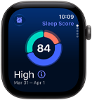 Apple Watch Series 12, boîtier en aluminium, gris sidéral, graphique circulaire du score de sommeil, côté droit, Digital Crown