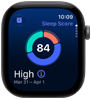Apple Watch Series 12, boîtier en aluminium, gris sidéral, graphique circulaire du score de sommeil, côté droit, Digital Crown
