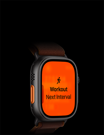 Apple Watch Ultra 4, boîtier en titane, noir, exercice Course à pied, intervalle suivant, côté gauche, bouton Action orange, Boucle Alpine