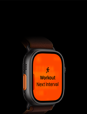 Apple Watch Ultra 4, boîtier en titane, noir, exercice Course à pied, intervalle suivant, côté gauche, bouton Action orange, Boucle Alpine
