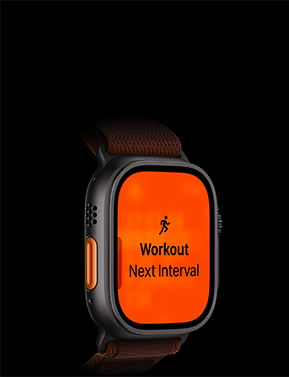 Apple Watch Ultra 4, boîtier en titane, noir, exercice Course à pied, intervalle suivant, côté gauche, bouton Action orange, Boucle Alpine