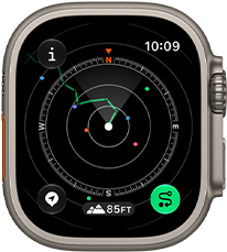 Apple Watch Ultra 4, boîtier en titane, finition naturelle, Point de départ montrant l’itinéraire avec les indications de la boussole, côté droit, Digital Crown, bouton latéral en saillie