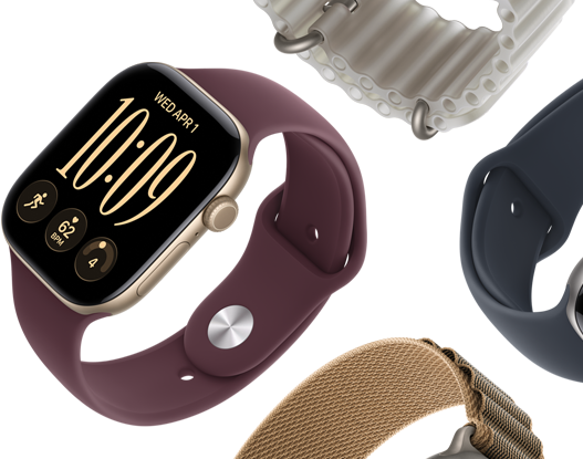 Bracelets Apple Watch Series 11 : Bracelet Sport brume violette, Bracelet Océan bleu maritime, Boucle Alpine bleu clair