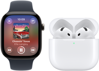 Apple Watch Series 12, boîtier en aluminium, noir, Bracelet Sport noir, app Apple Music ouverte, jumelée à des AirPods 4