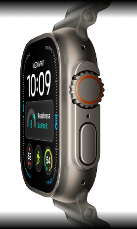 Apple Watch Ultra 4, boîtier en titane, finition naturelle, cadran numérique, complications : Préparation, Fréquence cardiaque, Exercices, Température, côté droit, Digital Crown, bouton latéral en saillie, Bracelet Océan, gris translucide