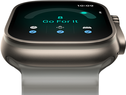 Apple Watch Ultra 4, boîtier en titane, finition naturelle, score de préparation de 8, côté droit, Digital Crown, bouton latéral en saillie, Bracelet Océan, gris translucide