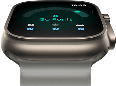 Apple Watch Ultra 4, boîtier en titane, finition naturelle, score de préparation de 8, côté droit, Digital Crown, bouton latéral en saillie, Bracelet Océan, gris translucide