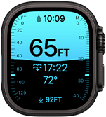 Apple Watch Ultra 4, boîtier en titane, noir, app Profondeur montrant des données de plongée, côté droit, Digital Crown, bouton latéral en saillie