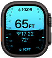 Apple Watch Ultra 4, boîtier en titane, noir, app Profondeur montrant des données de plongée, côté droit, Digital Crown, bouton latéral en saillie