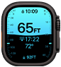 Apple Watch Ultra 4, boîtier en titane, noir, app Profondeur montrant des données de plongée, côté droit, Digital Crown, bouton latéral en saillie