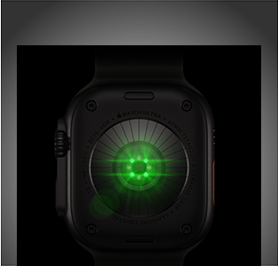 Dos de l’Apple Watch Ultra 4, boîtier en titane, noir, plusieurs capteurs ronds avec LED vertes allumées