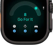 Apple Watch Ultra 4, boîtier en titane, noir, score de préparation de 8, côté droit, Digital Crown, bouton latéral en saillie